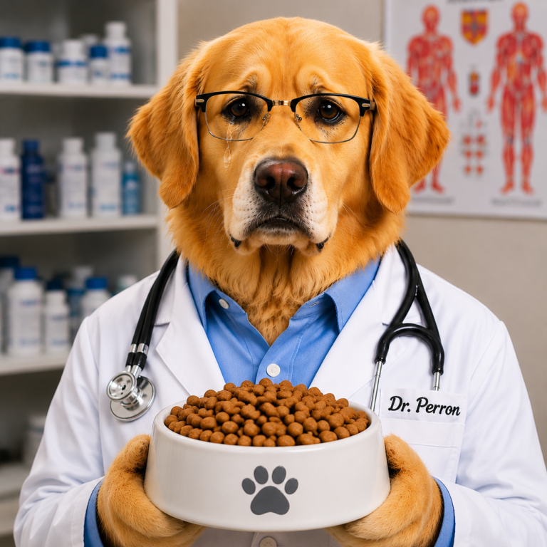Dr. Perrón mostrando comida procesada.